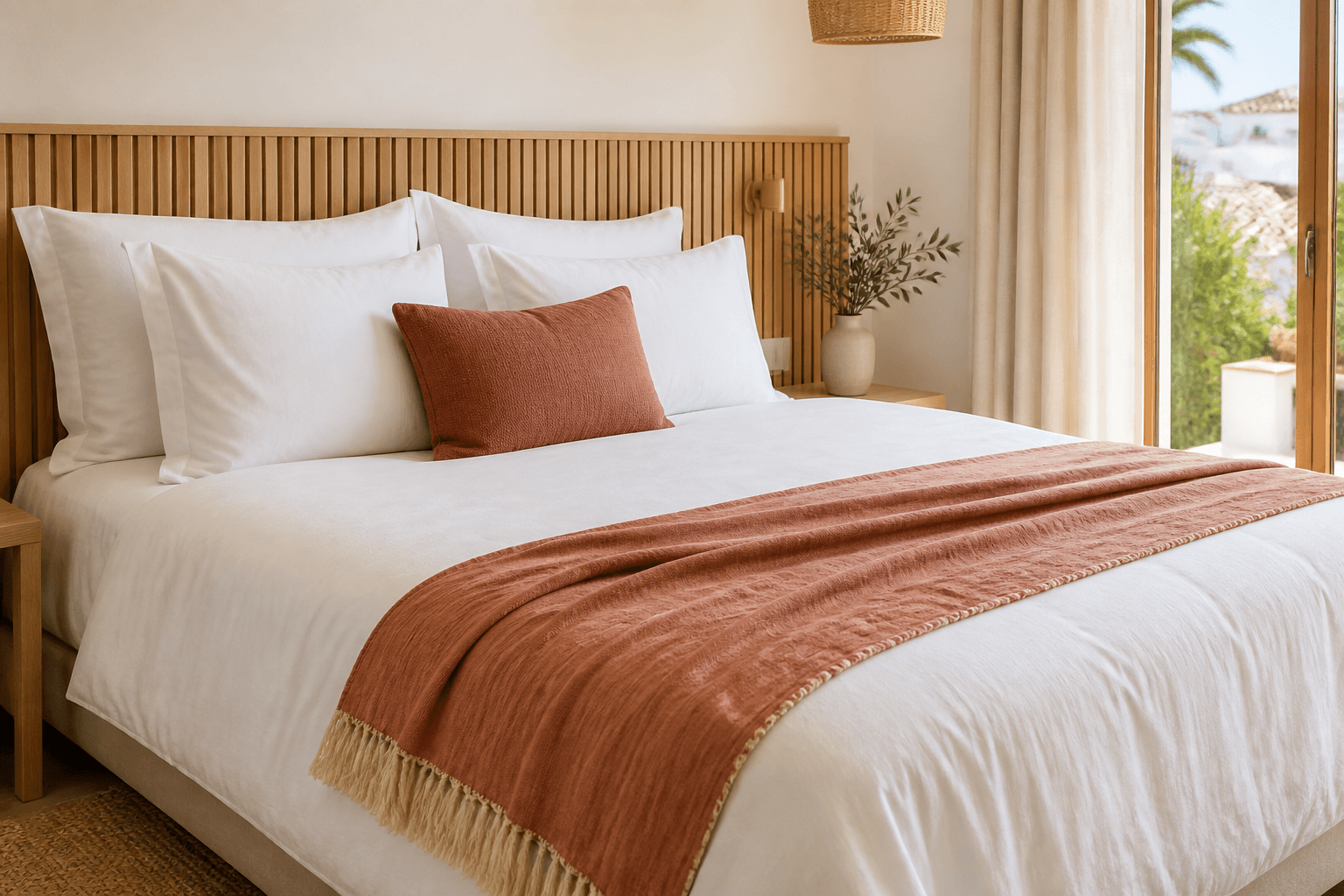 Fresh white hotel linen with a terracotta throw in a Costa del Sol villa bedroom